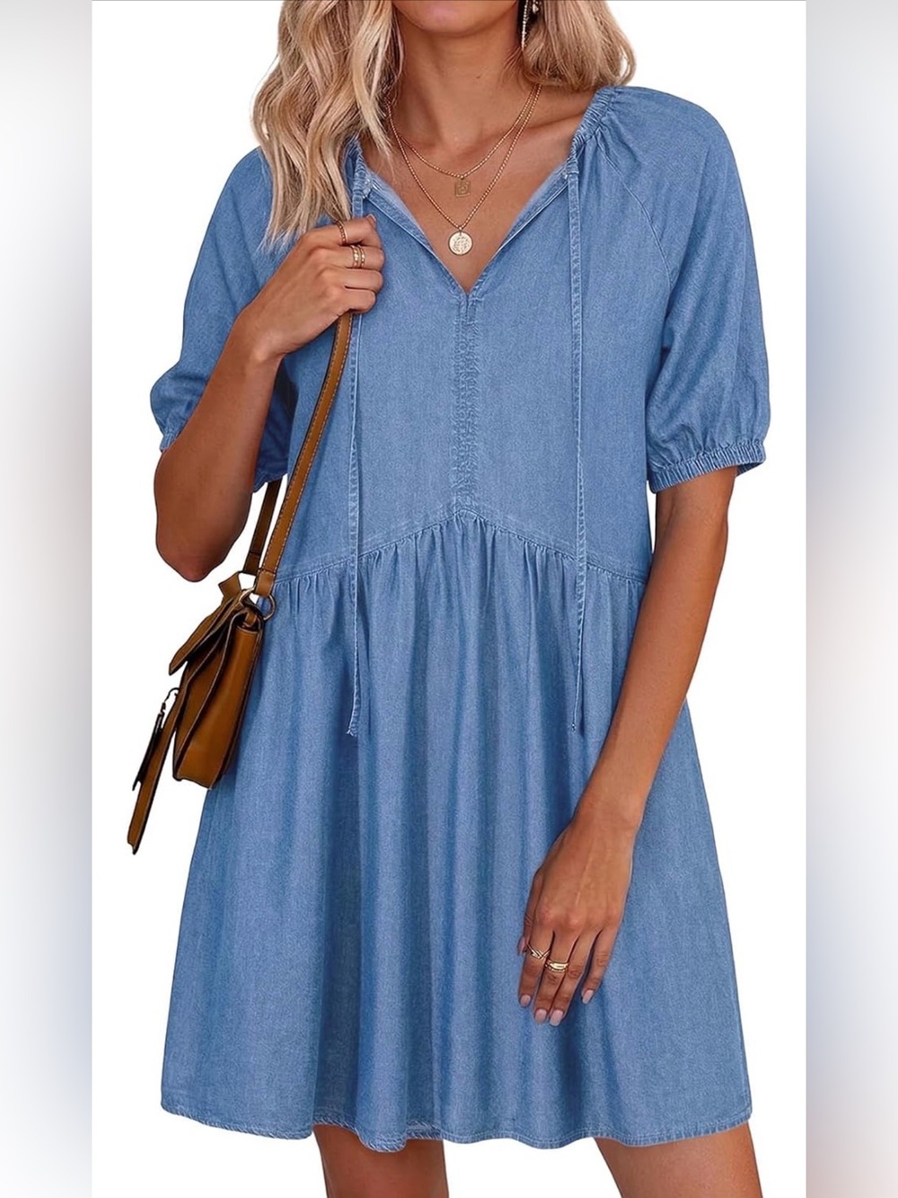 A153 Dokotoo Denim Jean Dress for Women Short Puff Sleeve V neck NWT
